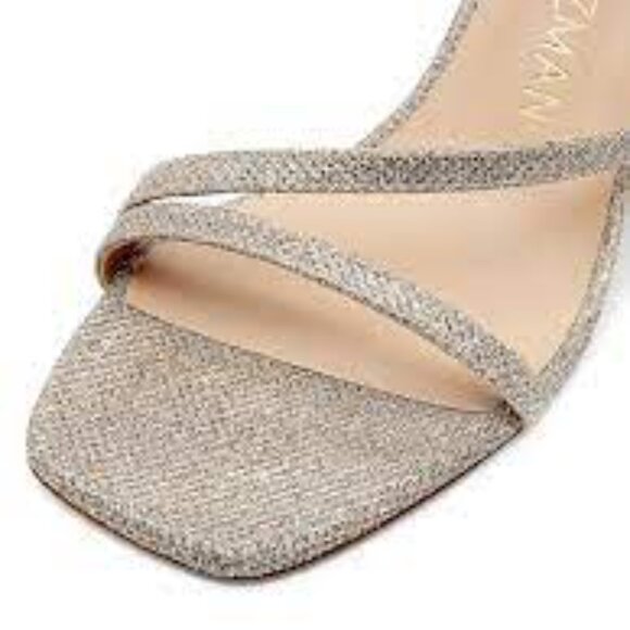 Stuart Weitzman Oasis 85MM New Noir Block-Heel Glitter Gold Sandals Size 6 - Picture 5 of 14